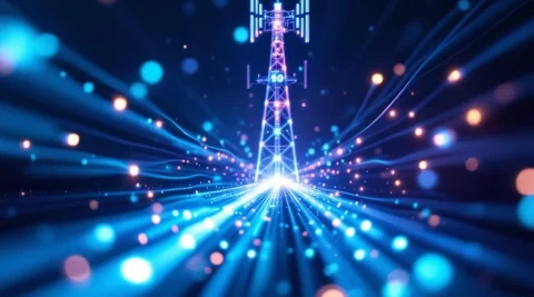 5G-zendmast met blauwe glasvezelkabels en precisie-chronometer die ultrasnelle dataverbinding toont