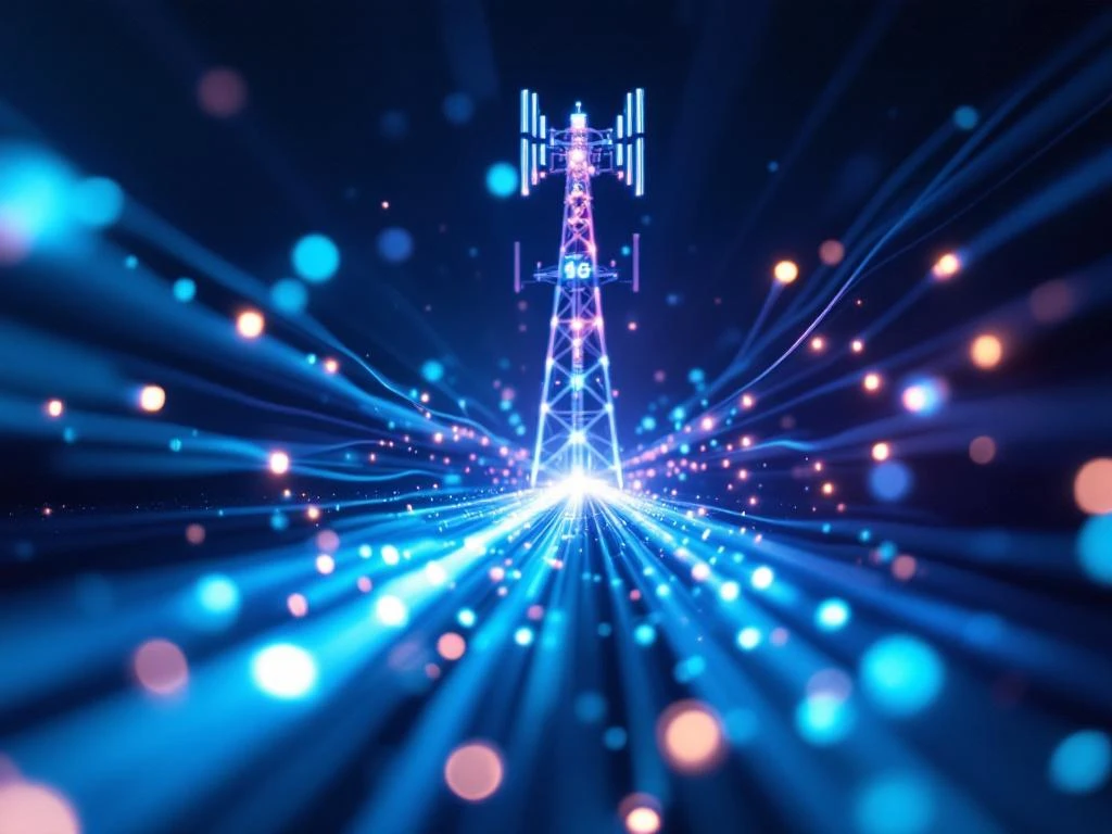 5G-zendmast met blauwe glasvezelkabels en precisie-chronometer die ultrasnelle dataverbinding toont