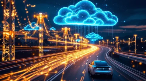 Autonome auto op verlichte snelweg bij schemering met 5G-torens en datastromen naar cloud in blauwe gloed