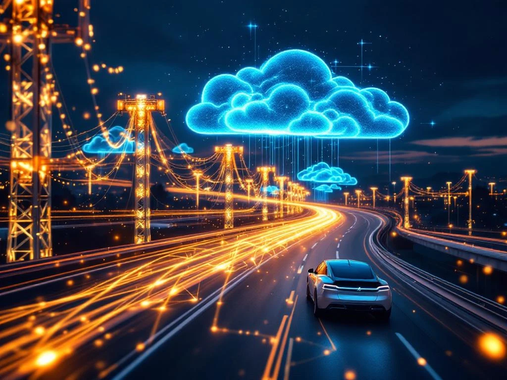 Autonome auto op verlichte snelweg bij schemering met 5G-torens en datastromen naar cloud in blauwe gloed