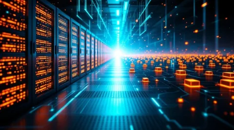 Split-screen vergelijking van gecentraliseerde datacenters en gedistribueerde edge computing netwerken met lichtstralen