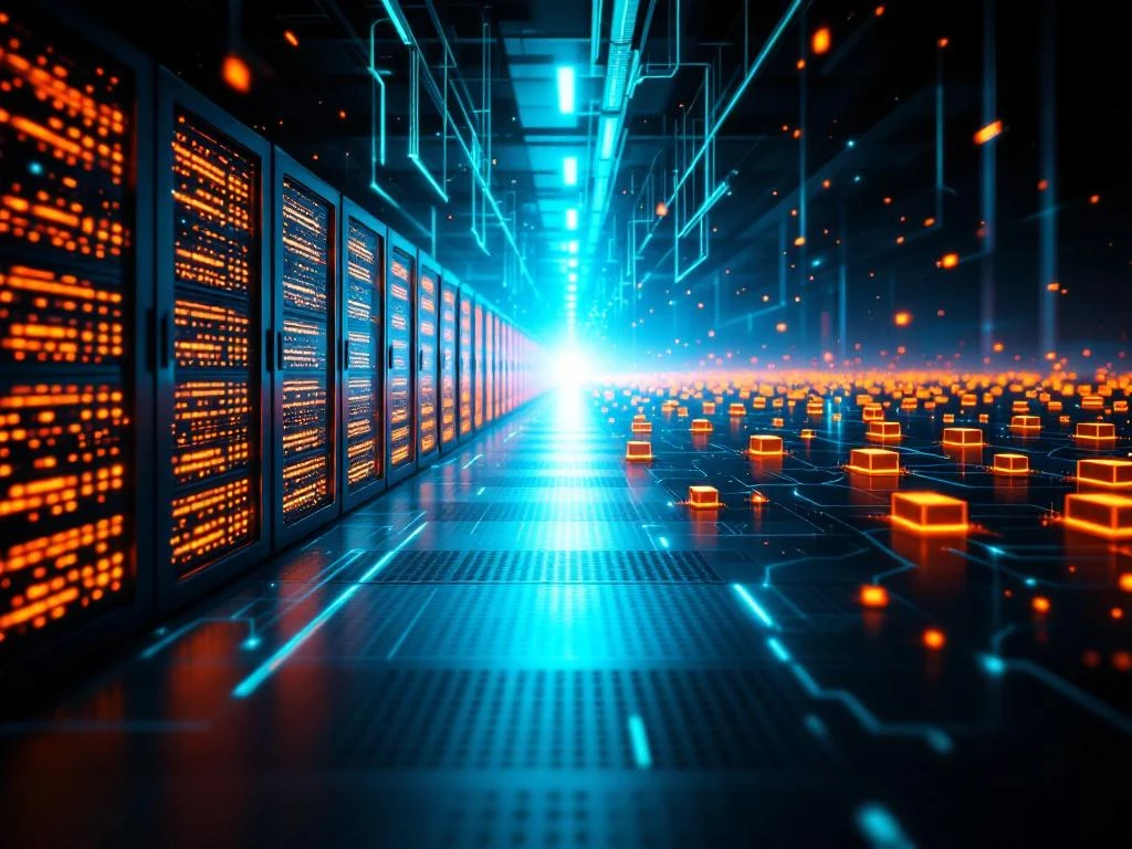 Split-screen vergelijking van gecentraliseerde datacenters en gedistribueerde edge computing netwerken met lichtstralen