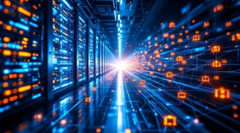 Vergelijking van gecentraliseerde datacenters met blauwe serverrekken en gedistribueerde edge computing netwerken met kleine nodes