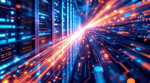 Fiber optic netwerk met cloud datacenter en edge computing nodes verbonden door lichtgevende datastromen