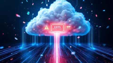 Cloudinfrastructuur met rode bottleneck en datastromen die dure egress-kosten symboliseren op technologieachtergrond