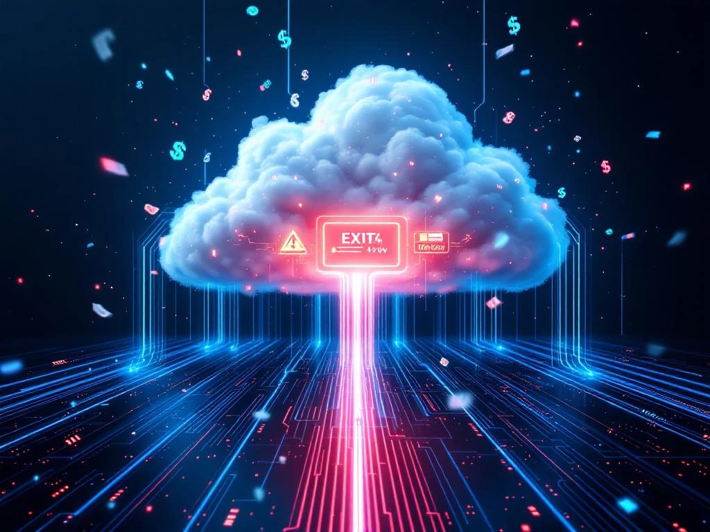 Cloudinfrastructuur met rode bottleneck en datastromen die dure egress-kosten symboliseren op technologieachtergrond