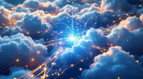 Luchtfoto van lichtgevende glasvezelkabels die wolkenformaties verbinden, symboliseert hybride cloud-infrastructuur