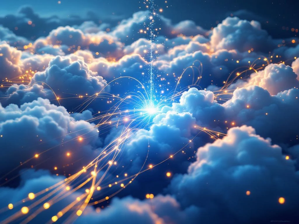 Luchtfoto van lichtgevende glasvezelkabels die wolkenformaties verbinden, symboliseert hybride cloud-infrastructuur