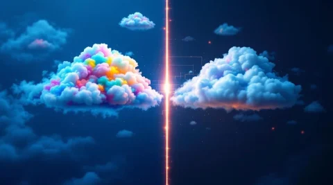 Vergelijking van multi-cloud en hybrid cloud infrastructuur met kleurrijke cloudformaties en glasvezelverbindingen