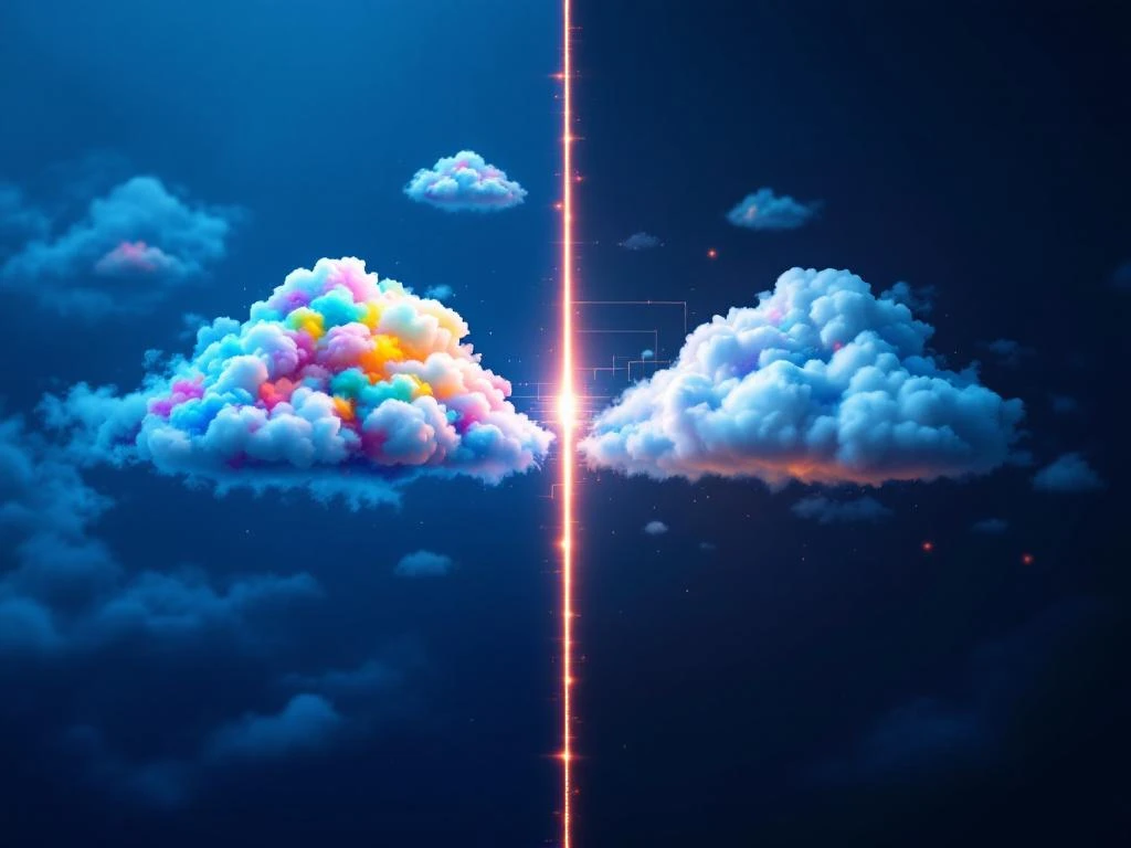 Vergelijking van multi-cloud en hybrid cloud infrastructuur met kleurrijke cloudformaties en glasvezelverbindingen