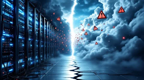 Serverruimte verdeeld in fysieke servers met kabels en cloudinfrastructuur met waarschuwingssymbolen en risico's