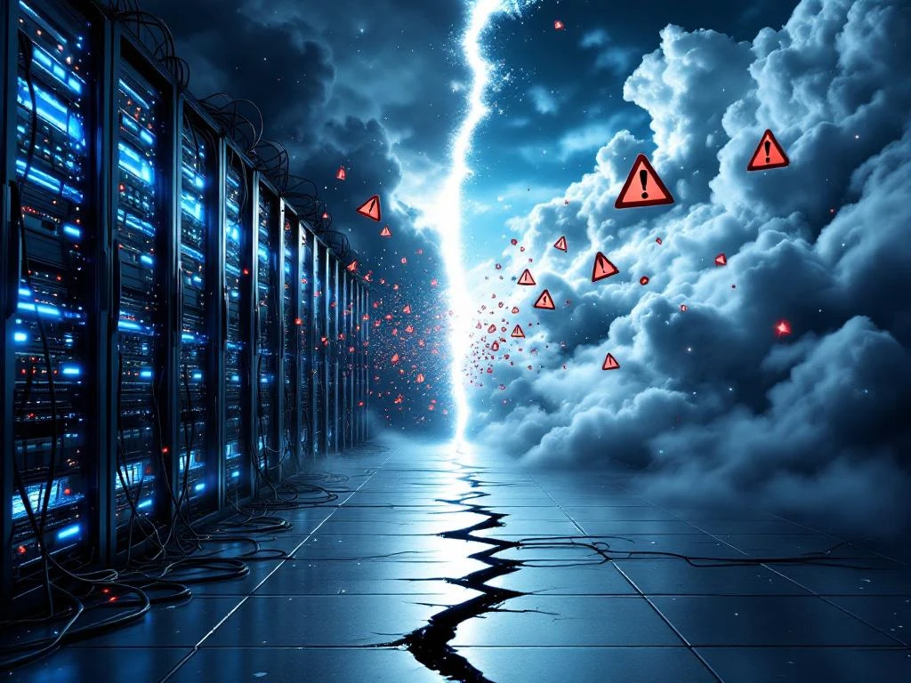 Serverruimte verdeeld in fysieke servers met kabels en cloudinfrastructuur met waarschuwingssymbolen en risico's