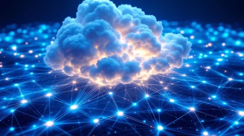Wolkenformatie verbonden met blauw glasvezelnetwerk en gloeiende knooppunten in luchtfoto van digitale infrastructuur