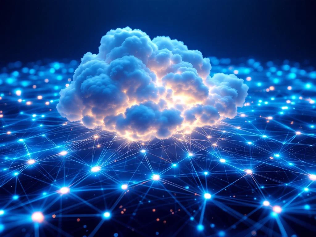 Wolkenformatie verbonden met blauw glasvezelnetwerk en gloeiende knooppunten in luchtfoto van digitale infrastructuur