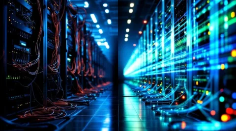 Evolutie van cloudnetwerk infrastructuur van fysieke servers in 2019 naar moderne glasvezelkabels en edge computing in 2024
