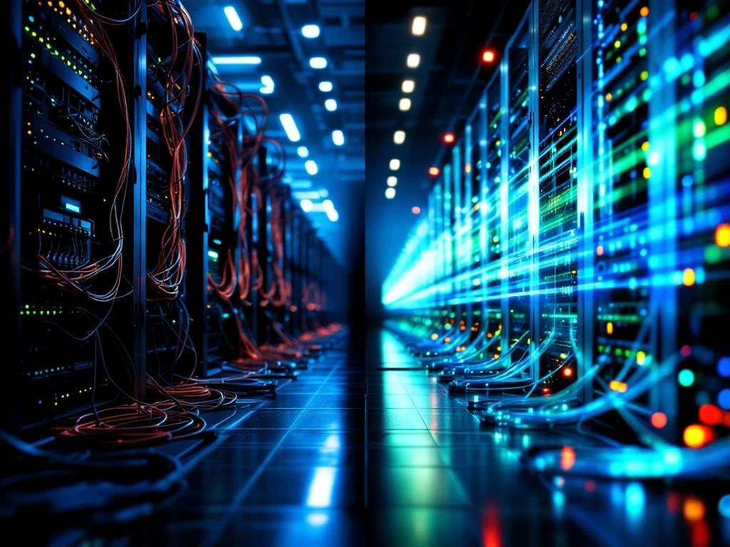 Evolutie van cloudnetwerk infrastructuur van fysieke servers in 2019 naar moderne glasvezelkabels en edge computing in 2024