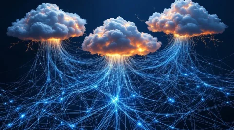 Drie wolkformaties verbonden door verwarde glasvezelkabels met dataflitsen tegen donkerblauwe lucht