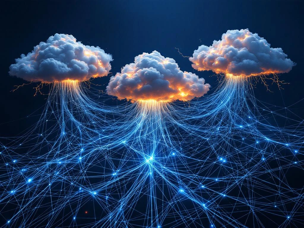 Drie wolkformaties verbonden door verwarde glasvezelkabels met dataflitsen tegen donkerblauwe lucht
