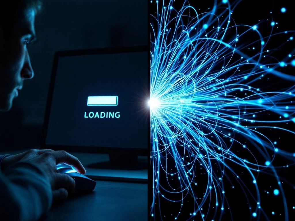 Hand met muis bij laadscherm naast verstrengelde glasvezelkabels die internetsnelheidsproblemen symboliseren