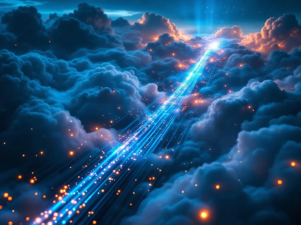 Laptop verbonden met data center in de lucht via gloeiende glasvezelkabels door blauwe wolken
