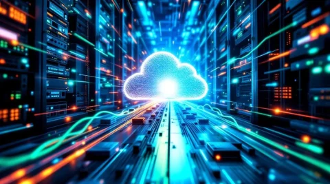 Datacenter evolutie van traditionele tape backup systemen naar moderne cloud infrastructuur met glasvezelverbindingen