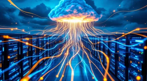Datacenterfaciliteit met gloeiende glasvezelkabels die verbinding maken met cloudinfrastructuur in schemerlicht


Metadata

Character count: 119