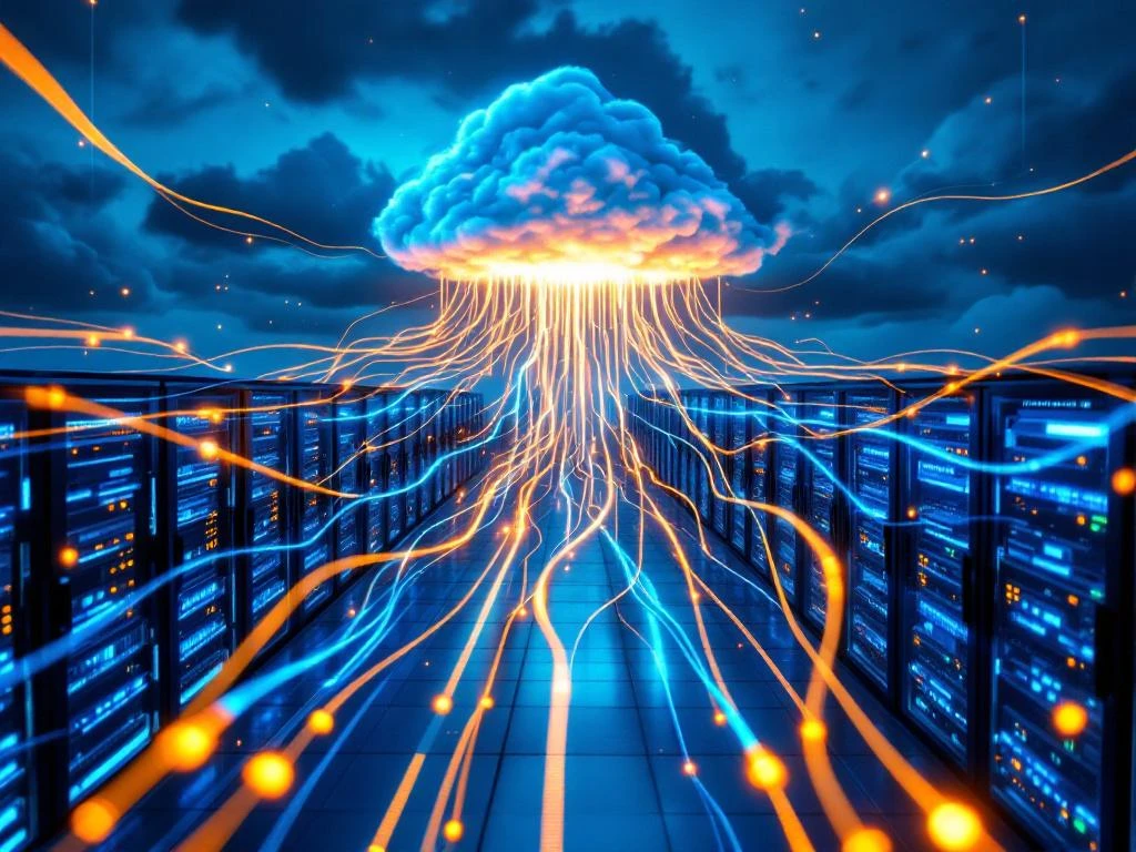 Datacenterfaciliteit met gloeiende glasvezelkabels die verbinding maken met cloudinfrastructuur in schemerlicht


Metadata

Character count: 119