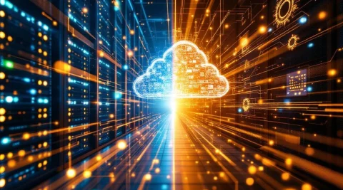 Datacenter met serveerrekken verbonden met cloudinfrastructuur via gouden glasvezelkabels in blauw en amber licht