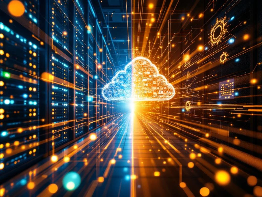 Datacenter met serveerrekken verbonden met cloudinfrastructuur via gouden glasvezelkabels in blauw en amber licht