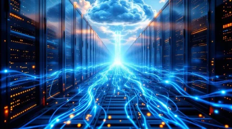 Datacenter met blauwe glasvezelkabels die omhoog stromen en overgaan in cloudformaties bij zonsondergang


---

**Verification:**
- Character count: 112 ✓
- Starts with main subject (datacenter) ✓
- In Dutch ✓
- No "afbeelding van" phrases ✓
- Includes key elements: datacenter, glasvezelkabels, cloud transformatie ✓
- Descriptive for screen readers ✓
- No quotes or explanations ✓