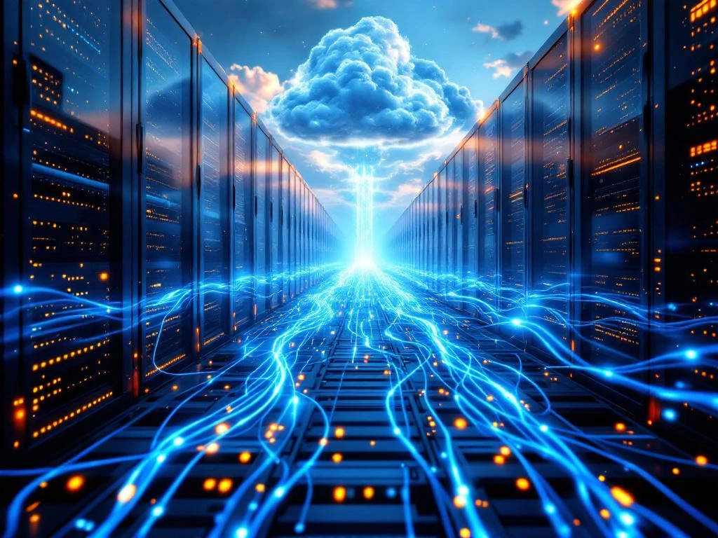 Datacenter met blauwe glasvezelkabels die omhoog stromen en overgaan in cloudformaties bij zonsondergang


---

**Verification:**
- Character count: 112 ✓
- Starts with main subject (datacenter) ✓
- In Dutch ✓
- No "afbeelding van" phrases ✓
- Includes key elements: datacenter, glasvezelkabels, cloud transformatie ✓
- Descriptive for screen readers ✓
- No quotes or explanations ✓