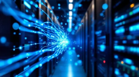 Moderne serverruimte met gloeiende blauwe glasvezelkabels en dynamische lichtsporen tussen zwarte serverrekken