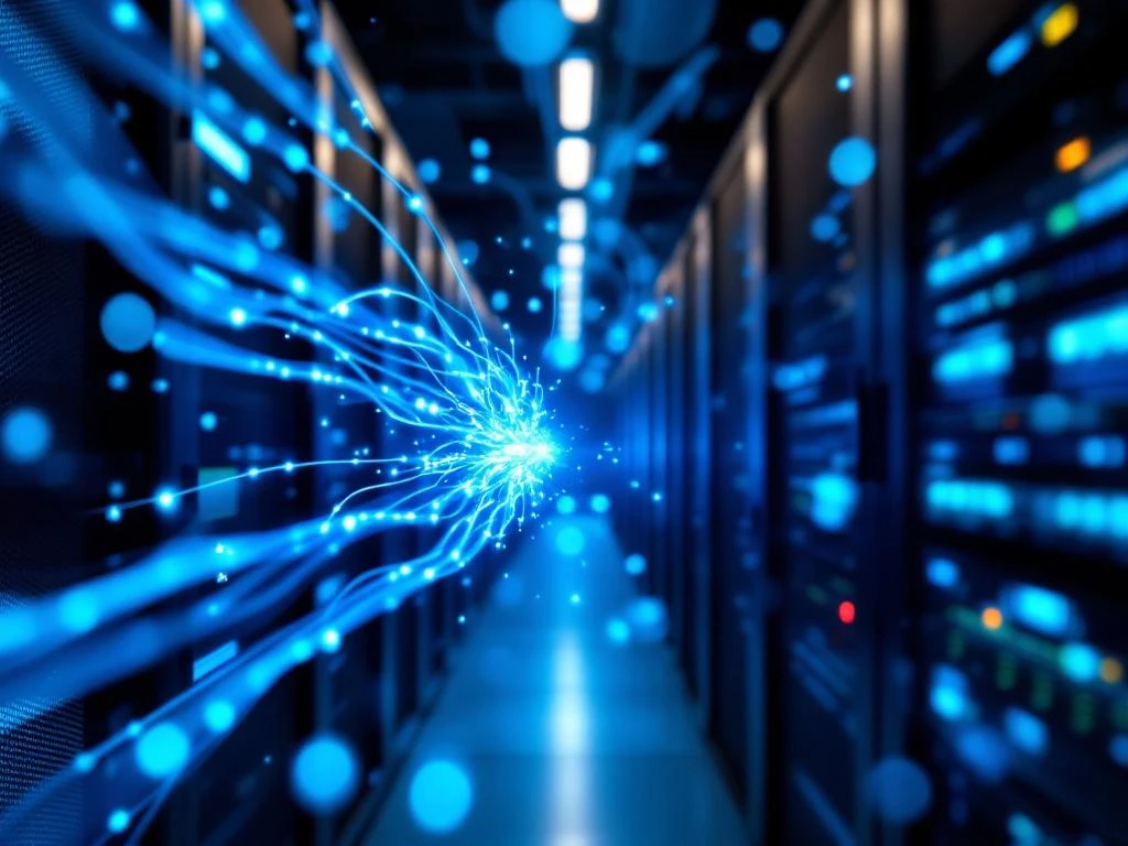 Moderne serverruimte met gloeiende blauwe glasvezelkabels en dynamische lichtsporen tussen zwarte serverrekken