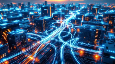 Luchtfoto van modern datacenter met gloeiende glasvezelkabels in blauw en groen licht tussen gebouwen