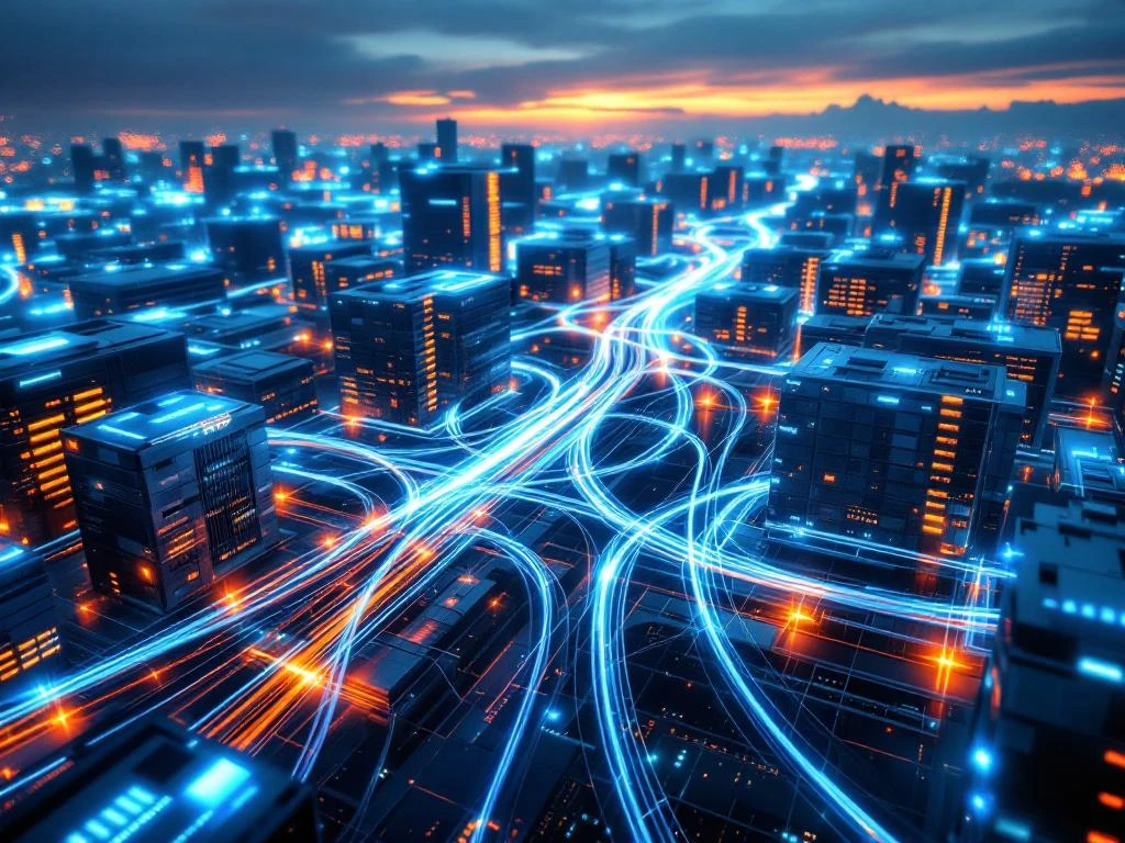 Luchtfoto van modern datacenter met gloeiende glasvezelkabels in blauw en groen licht tussen gebouwen