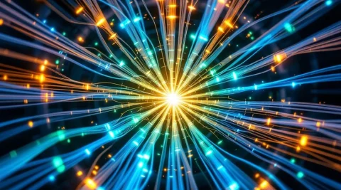 Luchtfoto van moderne datacenterserverruimte met vezelkabels die convergeren naar centraal knooppunt in stervormig patroon