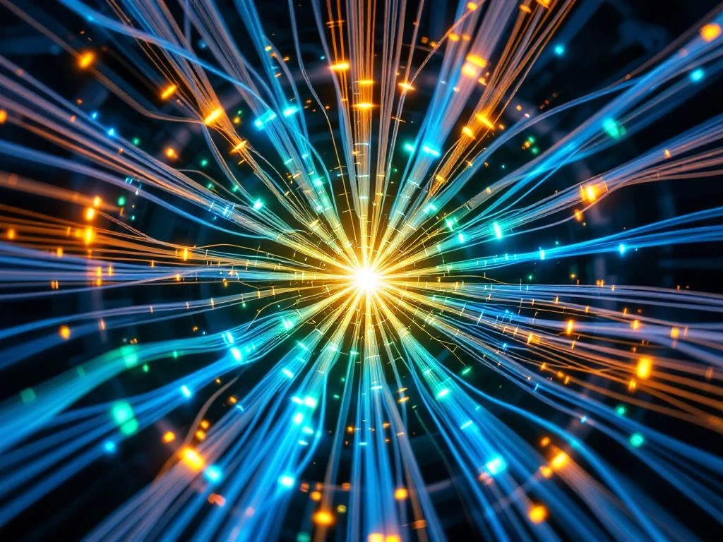 Luchtfoto van moderne datacenterserverruimte met vezelkabels die convergeren naar centraal knooppunt in stervormig patroon