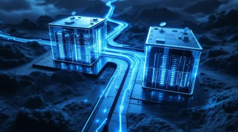 Luchtfoto van twee moderne datacenters verbonden door gloeiende glasvezelkabels met blauwe lichtsporen door donker landschap