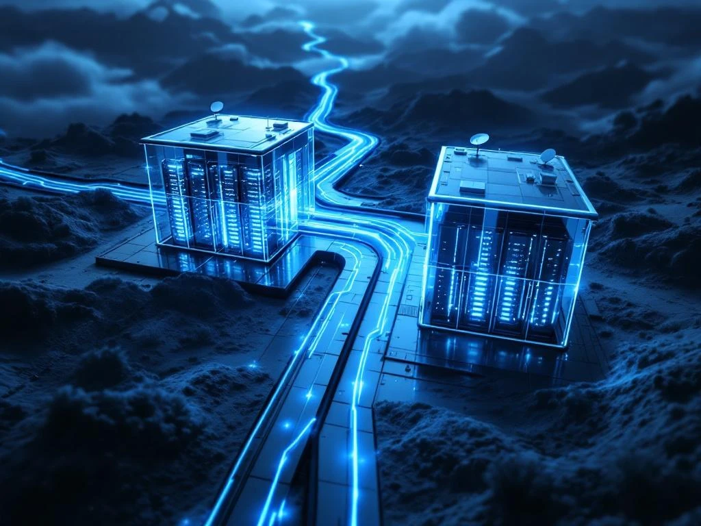 Luchtfoto van twee moderne datacenters verbonden door gloeiende glasvezelkabels met blauwe lichtsporen door donker landschap