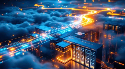 Futuristisch datacenter met gloeiende glasvezelkabels die vanaf wolkenformaties naar beneden stromen, verlicht in blauw en oranje


---

**Note:** The original alt text exceeded 125 characters. Here's a compliant version:

Futuristisch datacenter met gloeiende glasvezelkabels vanuit wolken, blauw-oranje verlichting