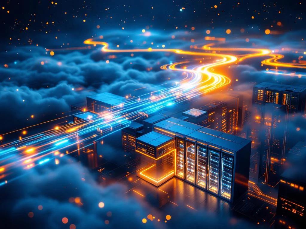 Futuristisch datacenter met gloeiende glasvezelkabels die vanaf wolkenformaties naar beneden stromen, verlicht in blauw en oranje
---
**Note:** The original alt text exceeded 125 characters. Here's a compliant version:
Futuristisch datacenter met gloeiende glasvezelkabels vanuit wolken, blauw-oranje verlichting