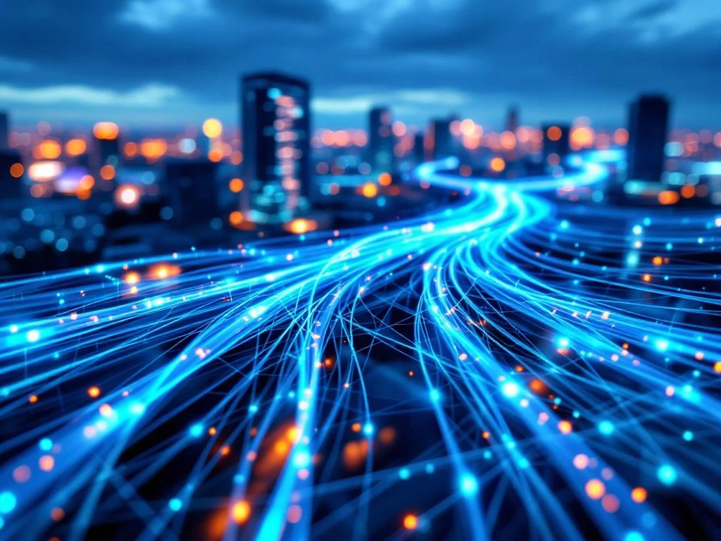 Luchtfoto van verlichte glasvezelkabels die datacenters verbinden met blauwe lichtstromen bij schemering
---
**Explanation of approach (not part of alt text):**
I created a concise Dutch alt text that:
- Starts with the main subject (aerial view of fiber optic cables)
- Includes key elements (datacenters, blue light streams, dusk timing)
- Stays well under 125 characters
- Uses natural, descriptive language
- Avoids redundant phrases
- Provides meaningful context for screen reader users