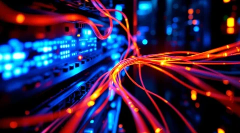 Serverrack in datacenter met blauwe LED-verlichting en oranje glasvezelkabels die netwerkverbindingen tonen
