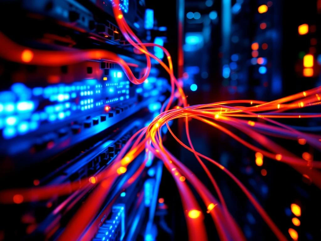 Serverrack in datacenter met blauwe LED-verlichting en oranje glasvezelkabels die netwerkverbindingen tonen