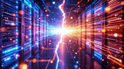 Twee serverracks in datacenters verbonden door gebroken glasvezelkabels met botsende datapakketten