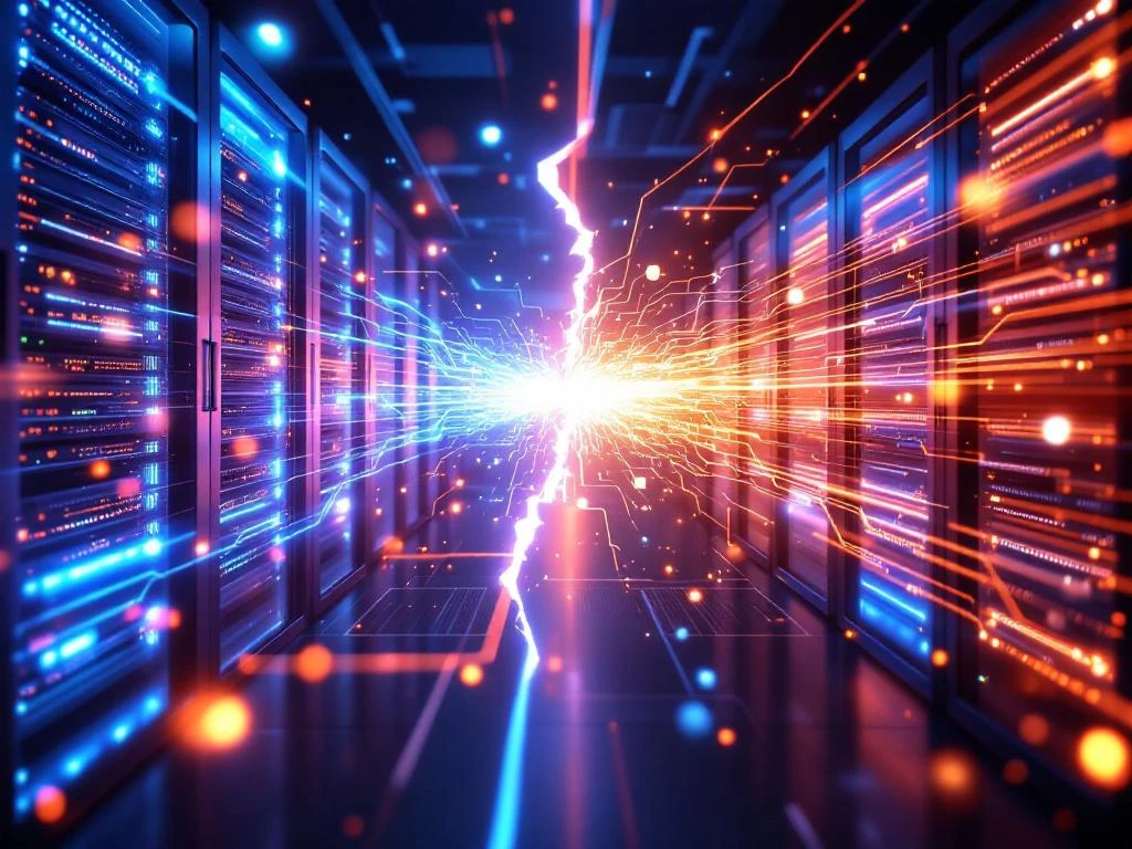 Twee serverracks in datacenters verbonden door gebroken glasvezelkabels met botsende datapakketten