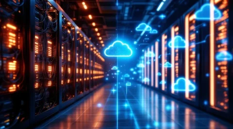 Datacenter transformatie: traditionele serverracks met kabels links, moderne cloud infrastructuur met glasvezel rechts