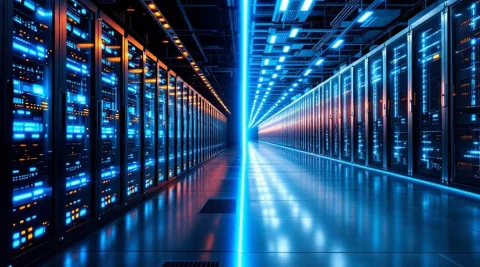 Vergelijking van compact serverruimte met warme verlichting en grootschalig datacenter met eindeloze serverrijen