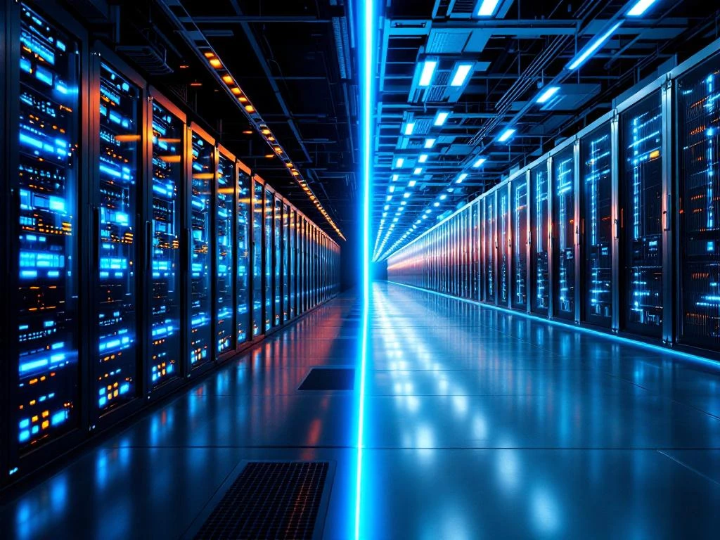 Vergelijking van compact serverruimte met warme verlichting en grootschalig datacenter met eindeloze serverrijen