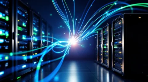 Serverrack en edge computing apparaten verbonden door gloeiende glasvezelkabels in blauw en groen licht